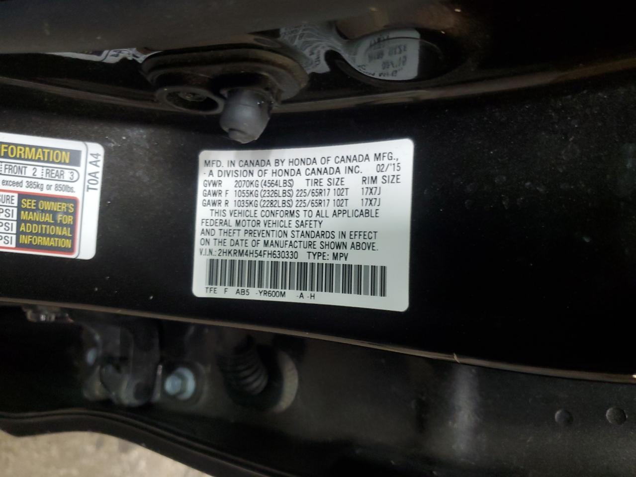 2015 Honda CR-V VIN 2HKRM4H54FH630330 Copart auction photo, front end damage thumbnail 15