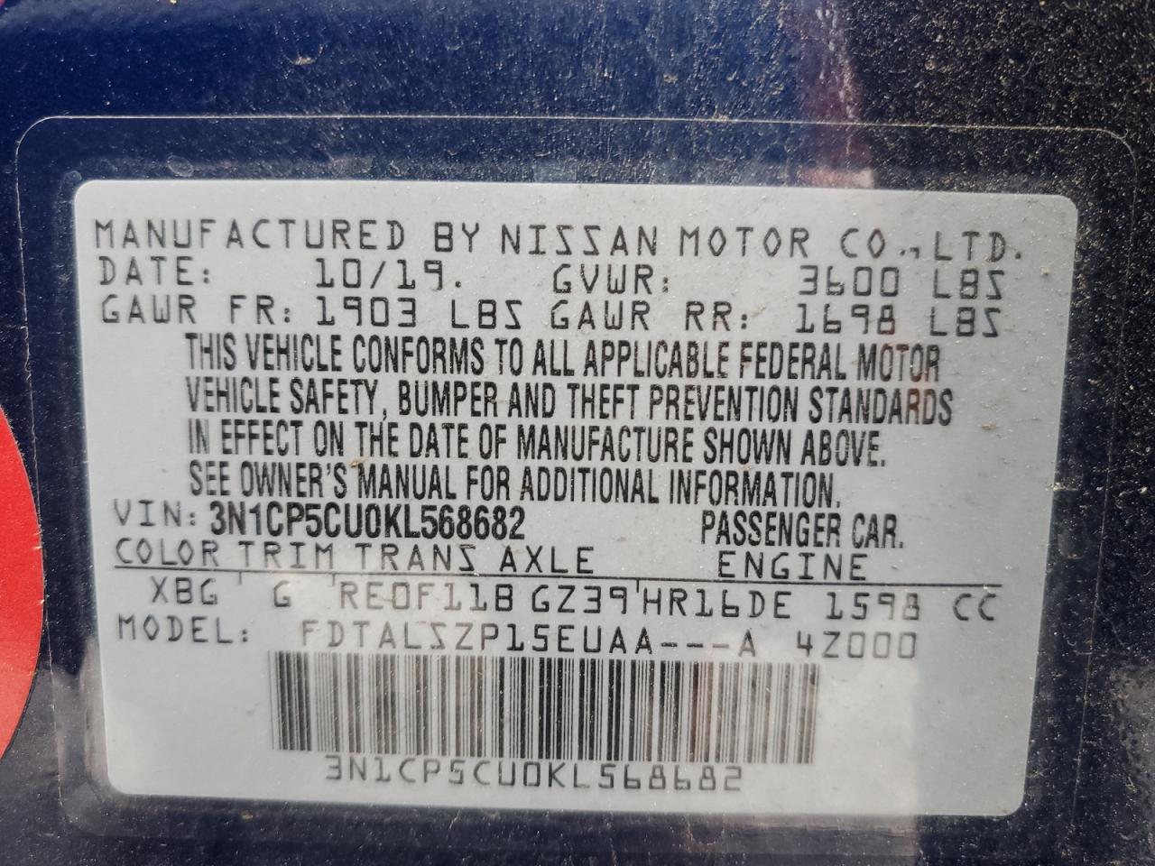 2019 Nissan Kicks VIN 3N1CP5CU0KL568682 Copart auction photo, front end damage thumbnail 12