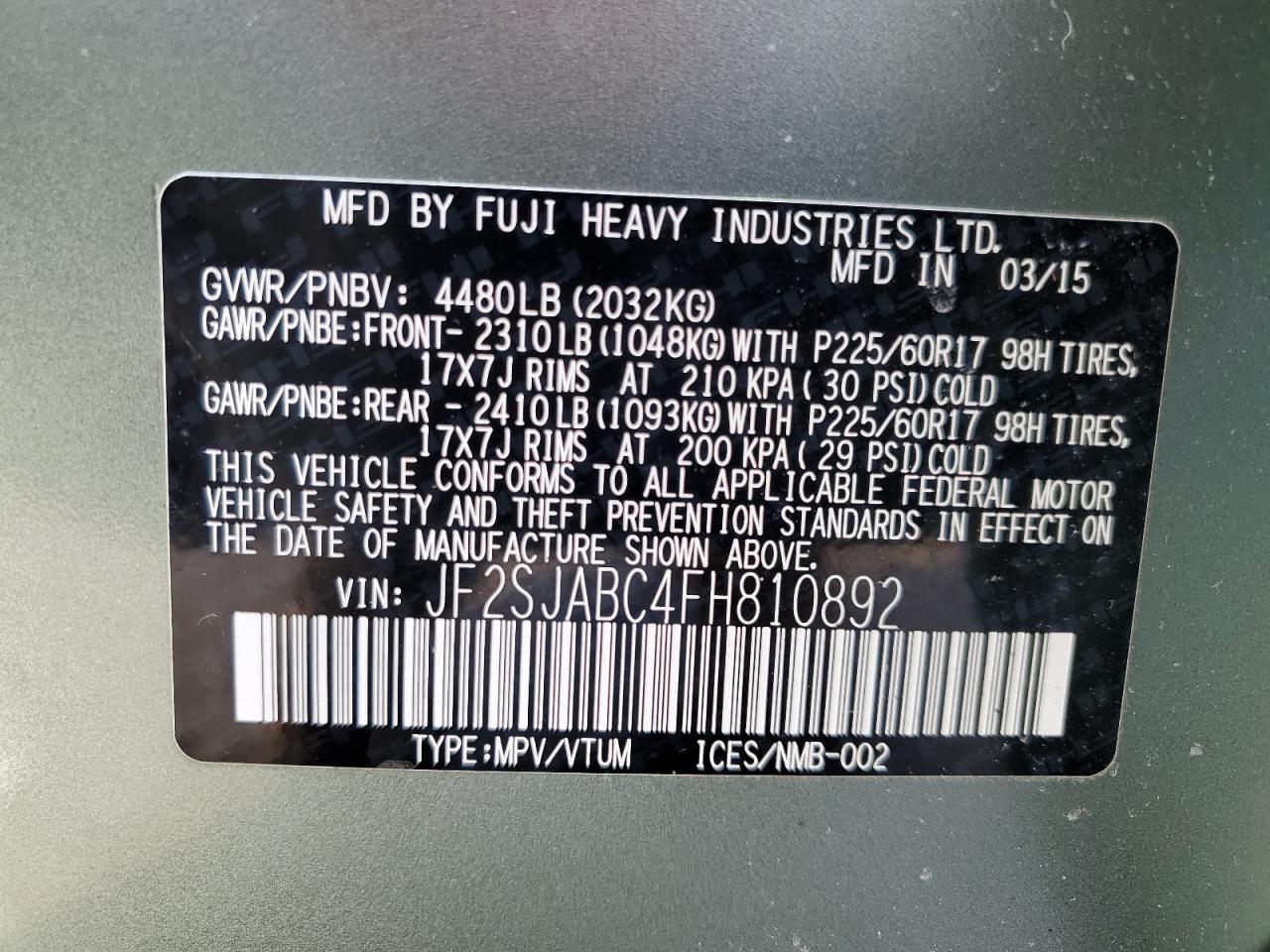 2015 Subaru Forester VIN JF2SJABC4FH810892 Copart auction photo, side / rear end damage thumbnail 13
