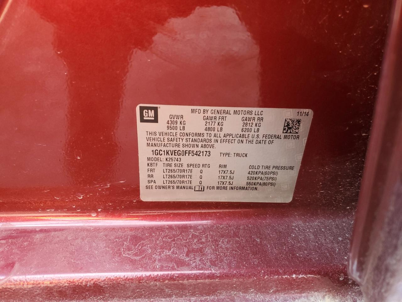 2015 Chevrolet Silverado VIN 1GC1KVEG0FF542173 Copart auction photo, front end / side damage thumbnail 12