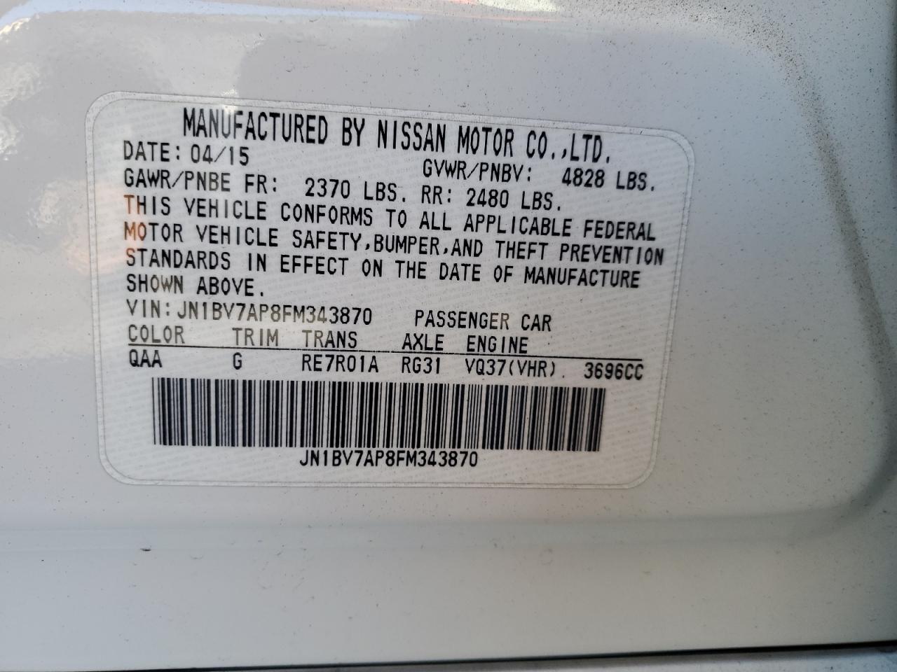 2015 Infiniti Q50 VIN JN1BV7AP8FM343870 Copart auction photo, mechanical damage thumbnail 12