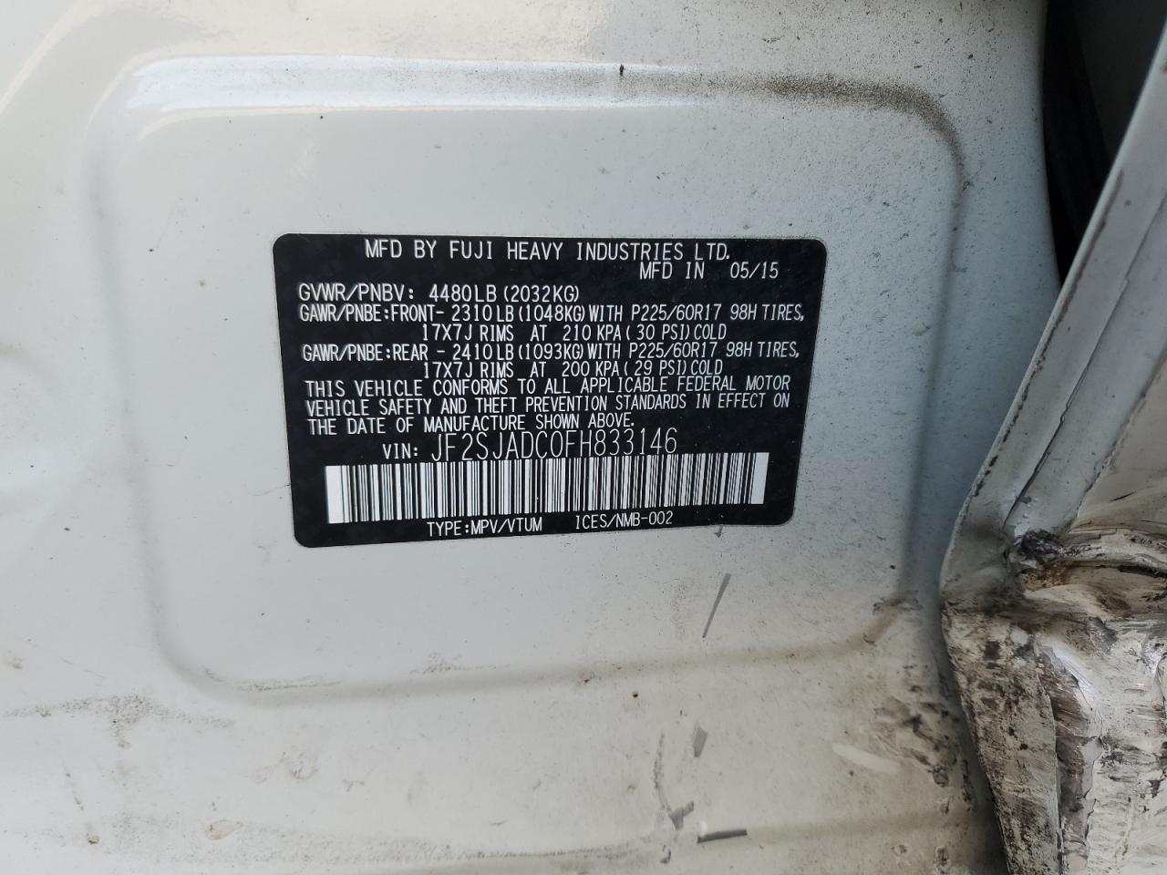 2015 Subaru Forester VIN JF2SJADC0FH833146 Copart auction photo, side / rear end damage thumbnail 15