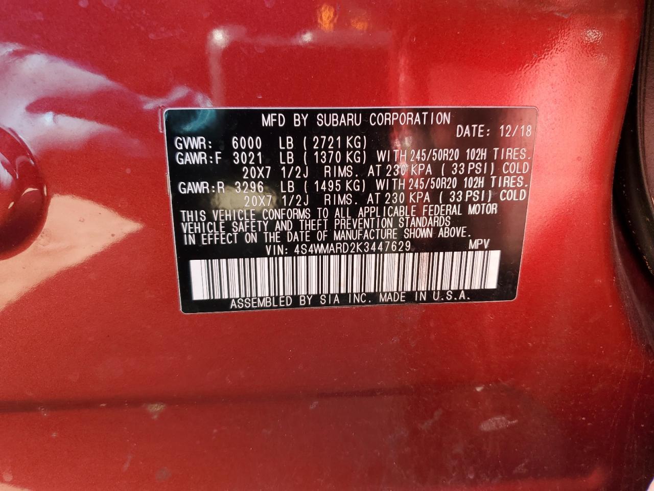 2019 Subaru Ascent VIN 4S4WMARD2K3447629 Copart auction photo, vandalism damage thumbnail 14