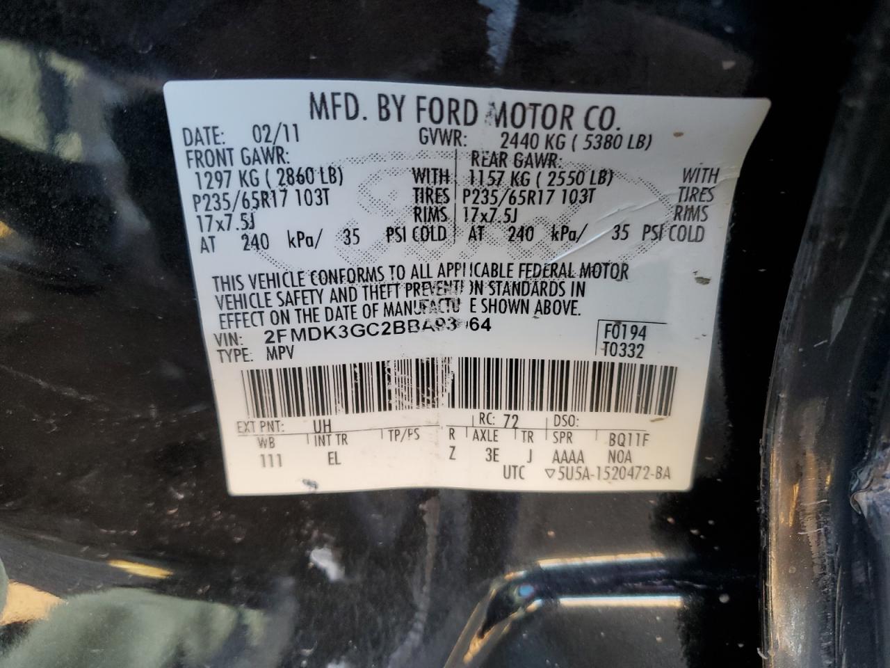 2011 Ford Edge VIN 2FMDK3GC2BBA93064 Copart auction photo, all over damage thumbnail 14
