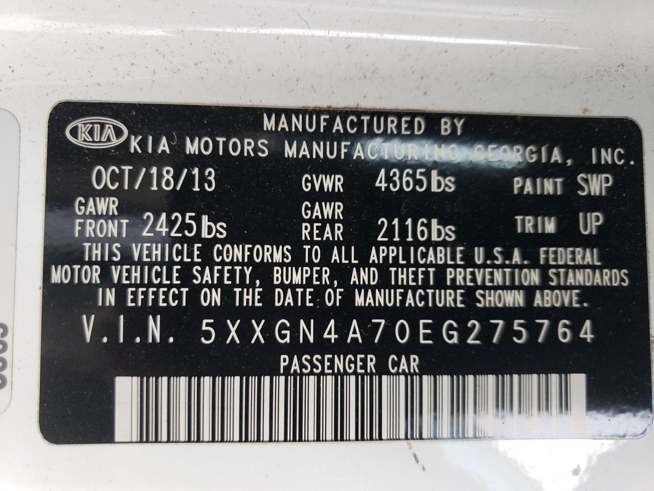 2014 KIA Optima VIN 5XXGN4A70EG275764 Copart auction photo, front end / hail damage thumbnail 12