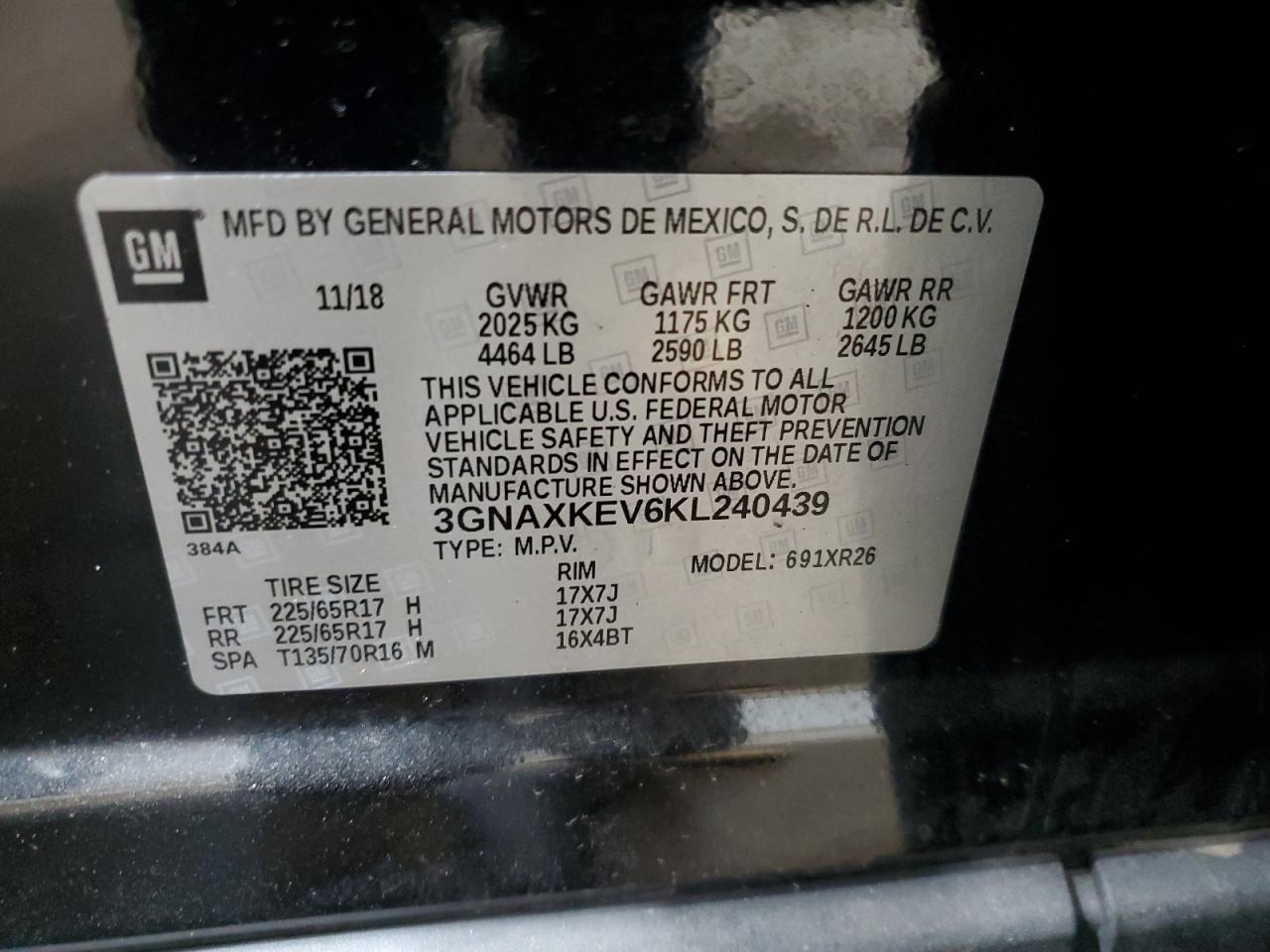 2019 Chevrolet Equinox VIN 3GNAXKEV6KL240439 Copart auction photo, vandalism damage thumbnail 13