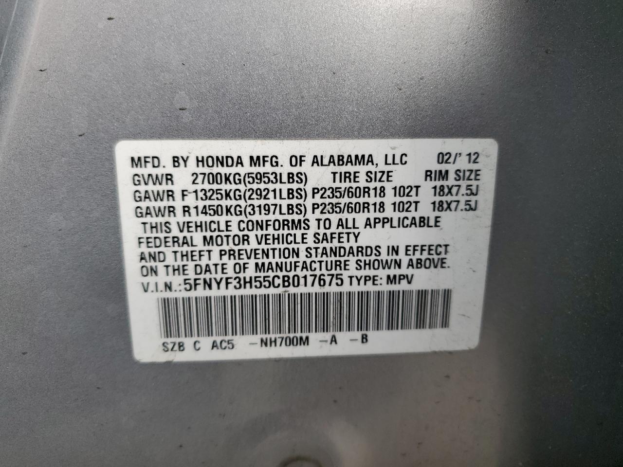 2012 Honda Pilot VIN 5FNYF3H55CB017675 Copart auction photo, all over damage thumbnail 15
