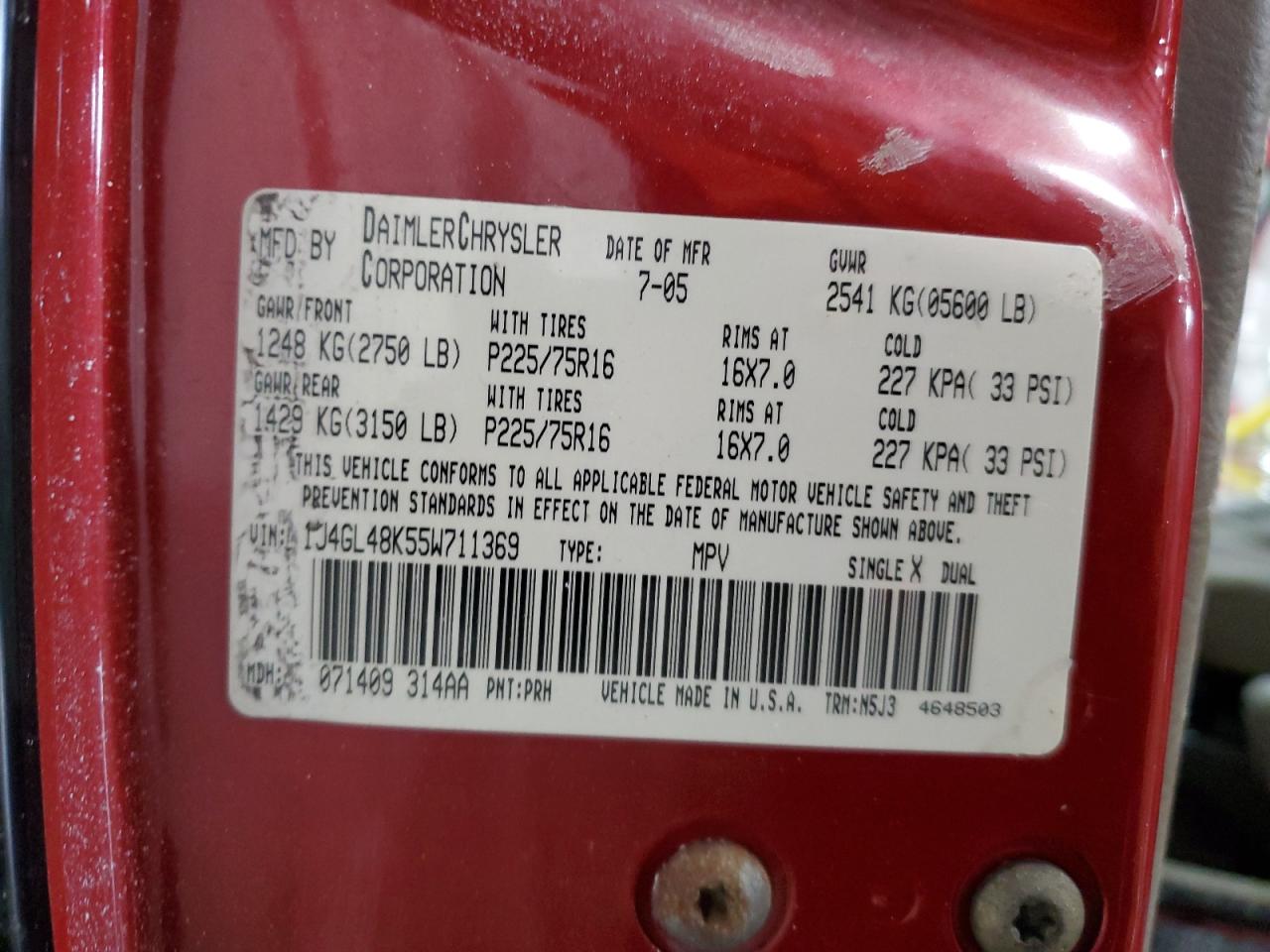 2005 Jeep Liberty (North America) VIN 1J4GL48K55W711369 Copart auction photo, front end damage thumbnail 12