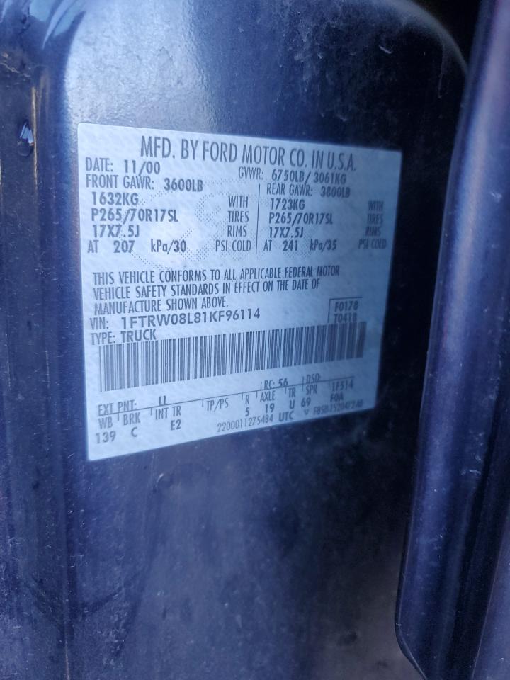 2001 Ford F-150 VIN 1FTRW08L81KF96114 Copart auction photo, minor dent/scratches damage thumbnail 12
