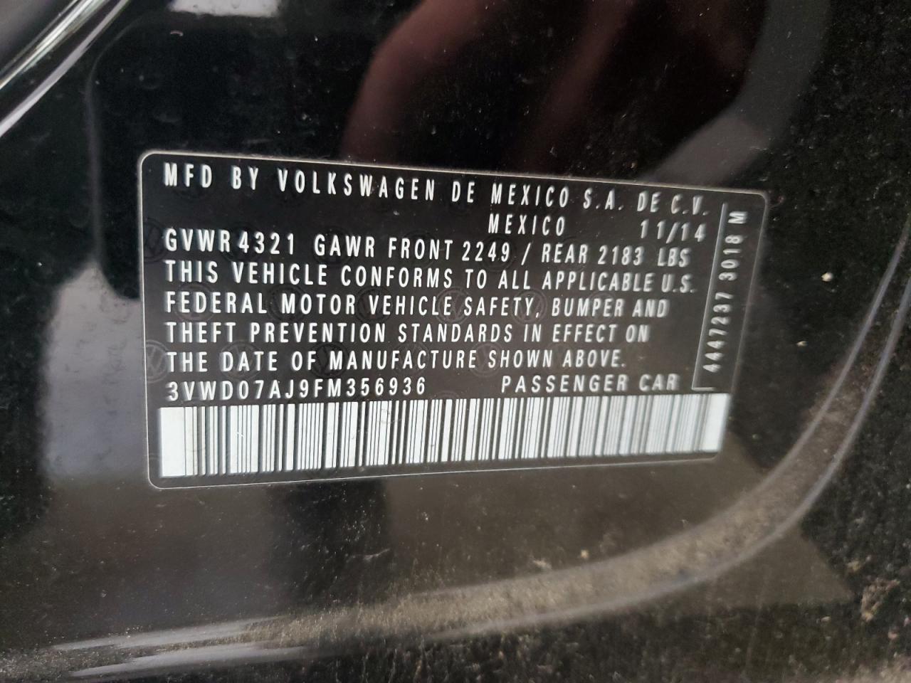 2015 Volkswagen Jetta VIN 3VWD07AJ9FM356936 Copart auction photo, front end / side damage thumbnail 12