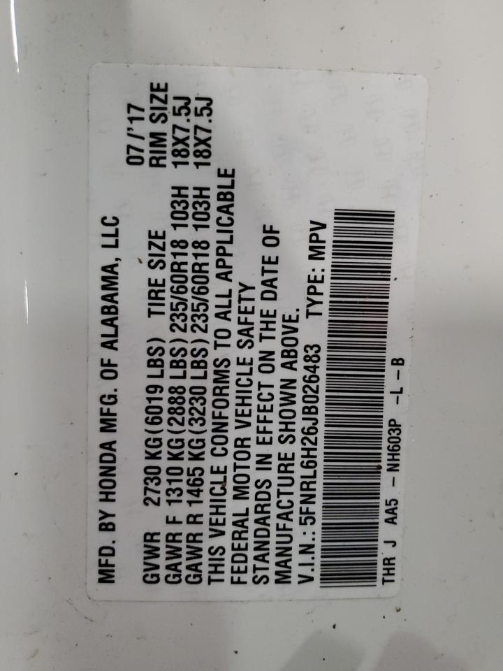 2018 Honda Odyssey VIN 5FNRL6H26JB026483 Copart auction photo, front end / side damage thumbnail 15