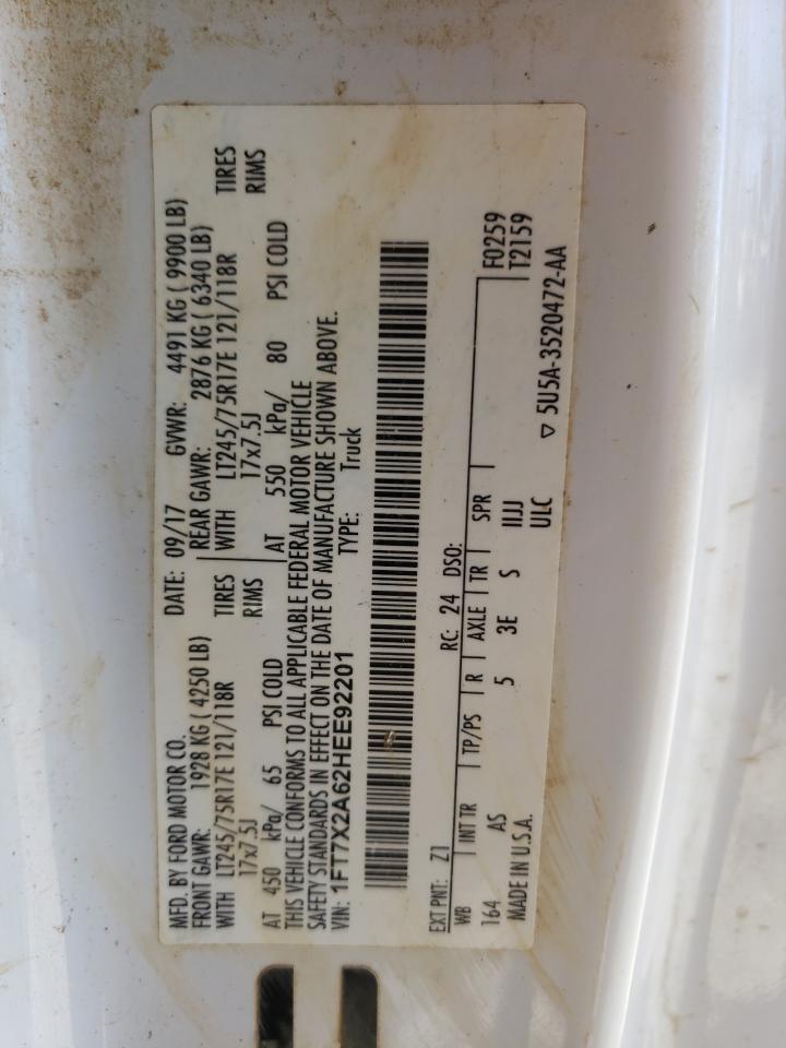 2017 Ford F250 VIN 1FT7X2A62HEE92201 Copart auction photo, water/flood damage thumbnail 12