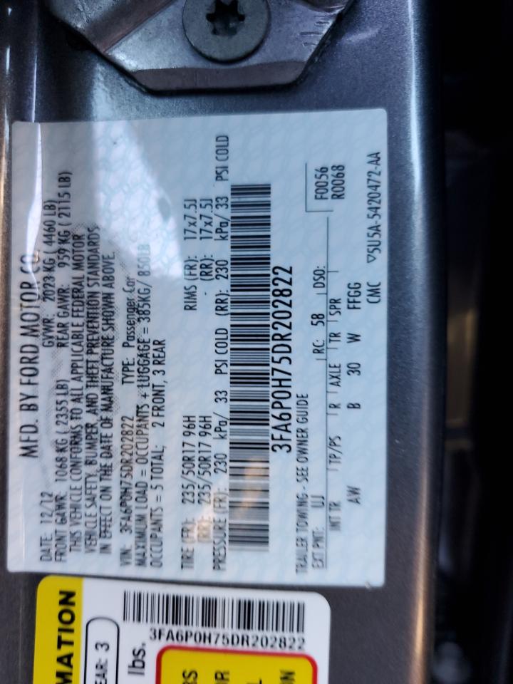 2013 Ford Fusion VIN 3FA6P0H75DR202822 Copart auction photo, front end damage thumbnail 12