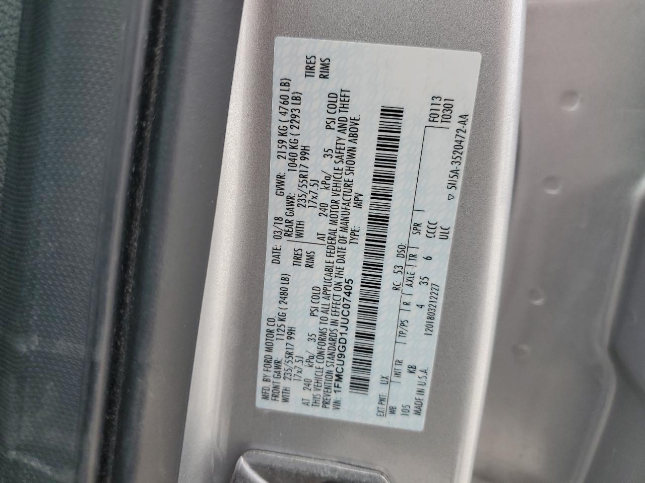 2018 Ford Escape VIN 1FMCU9GD1JUC07405 Copart auction photo, front end damage thumbnail 13