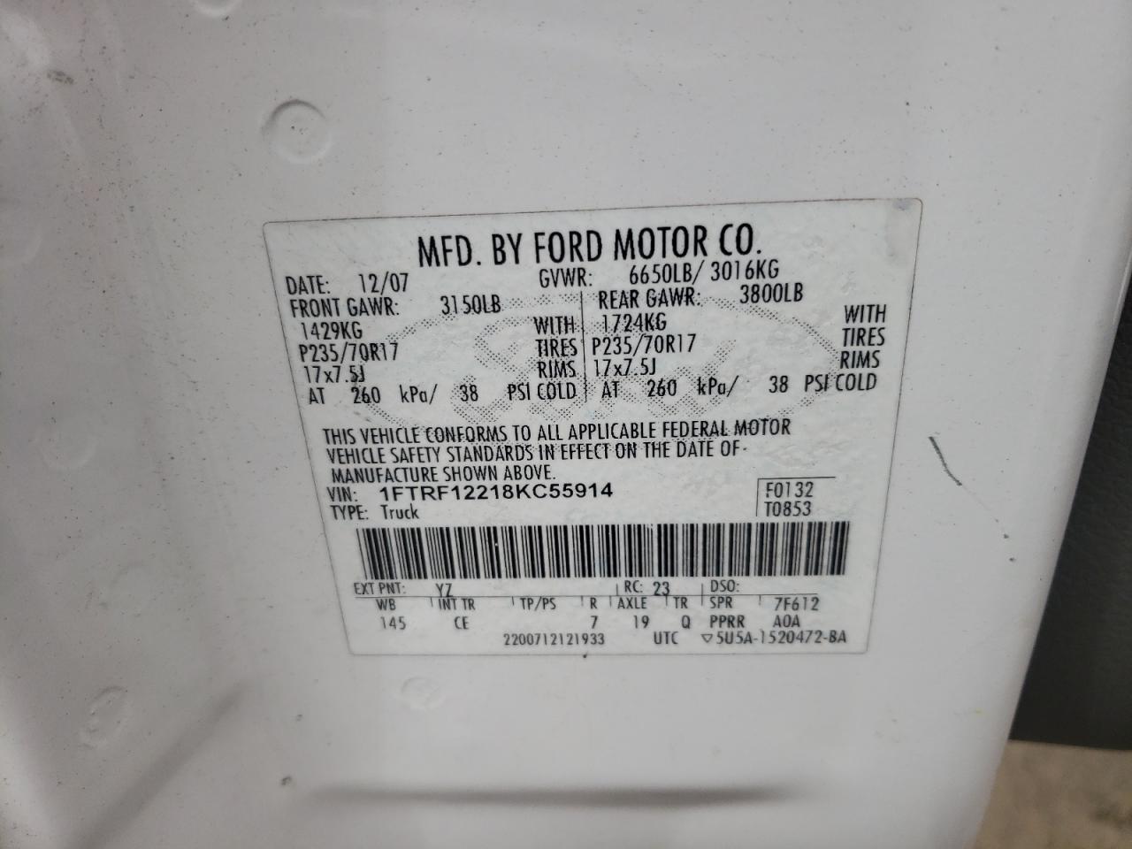 2008 Ford F-150 VIN 1FTRF12218KC55914 Copart auction photo, side damage thumbnail 12