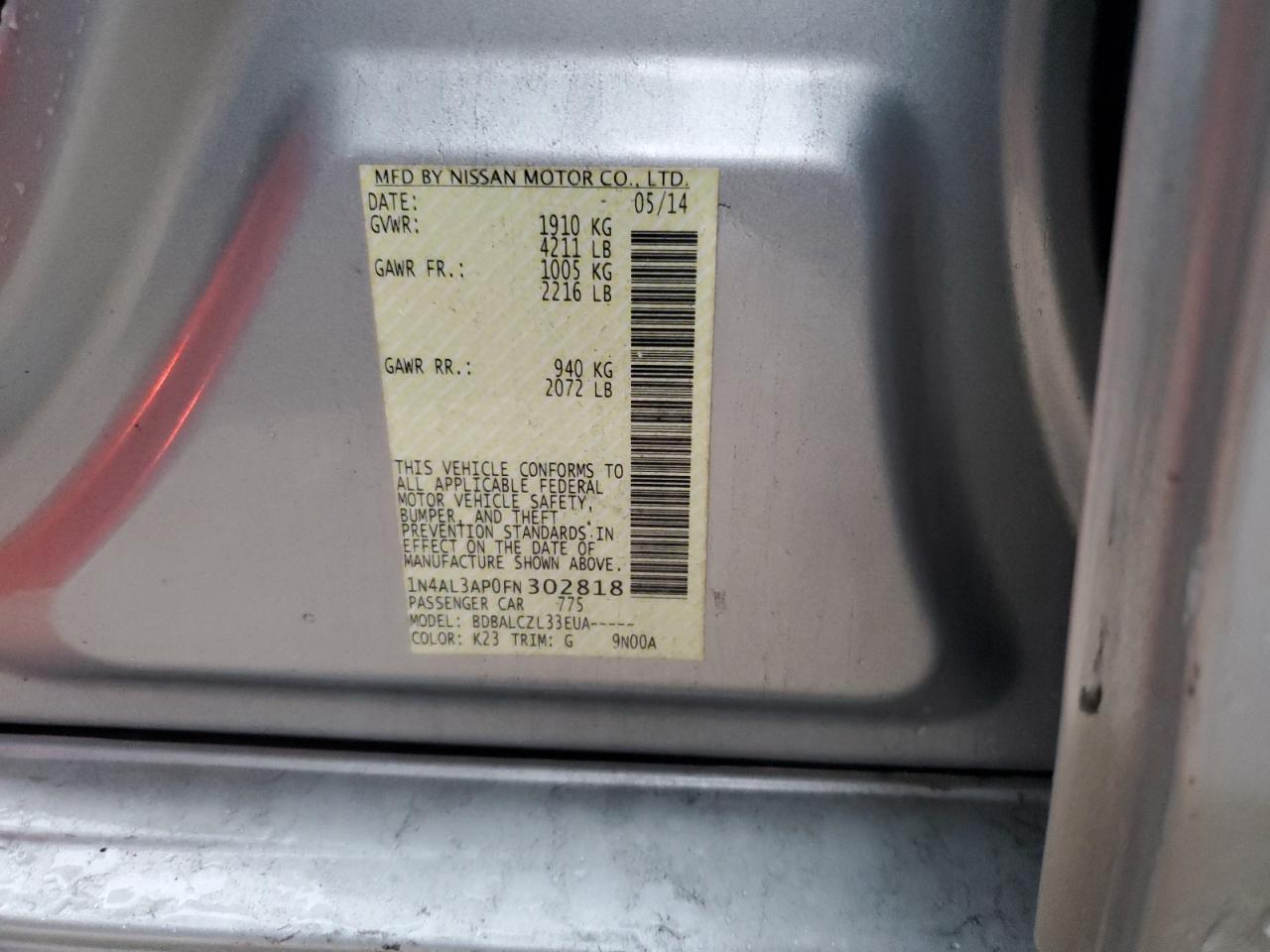 2015 Nissan Altima VIN 1N4AL3AP0FN302818 Copart auction photo, all over damage thumbnail 12