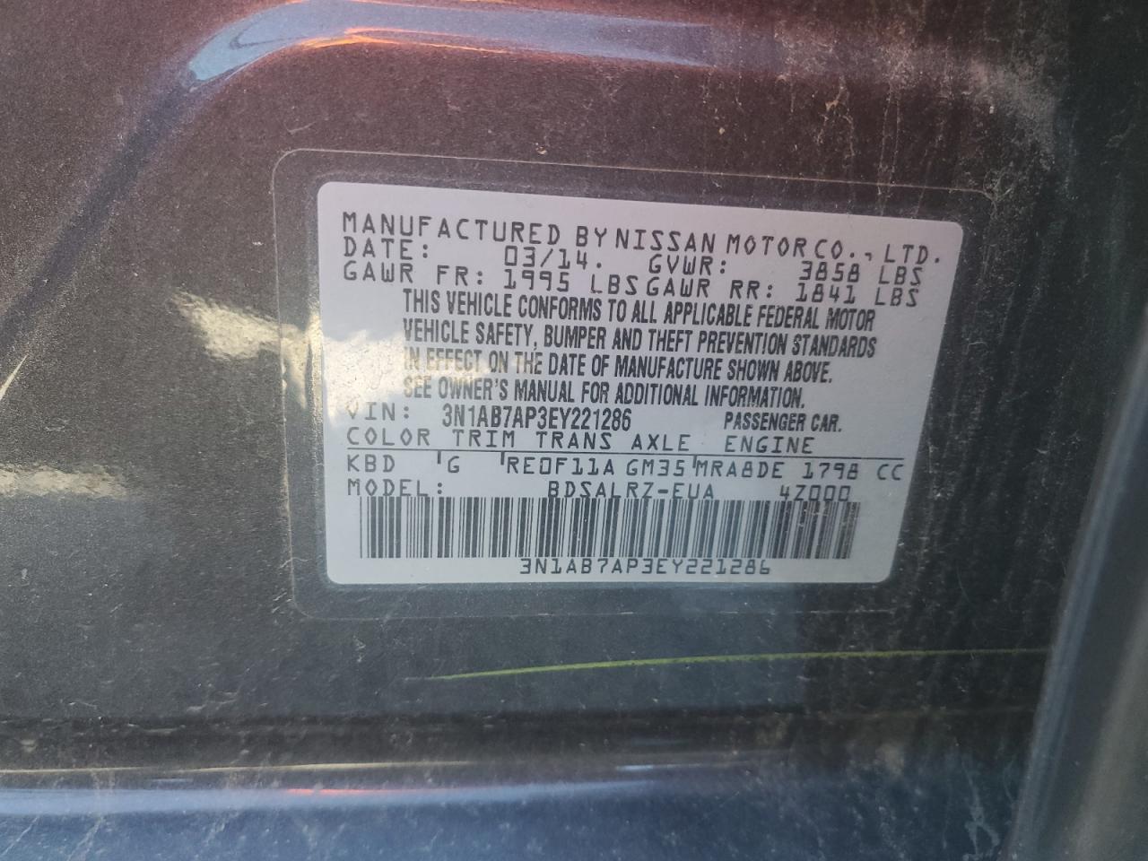 2014 Nissan Sentra VIN 3N1AB7AP3EY221286 Copart auction photo, front end / mechanical damage thumbnail 14