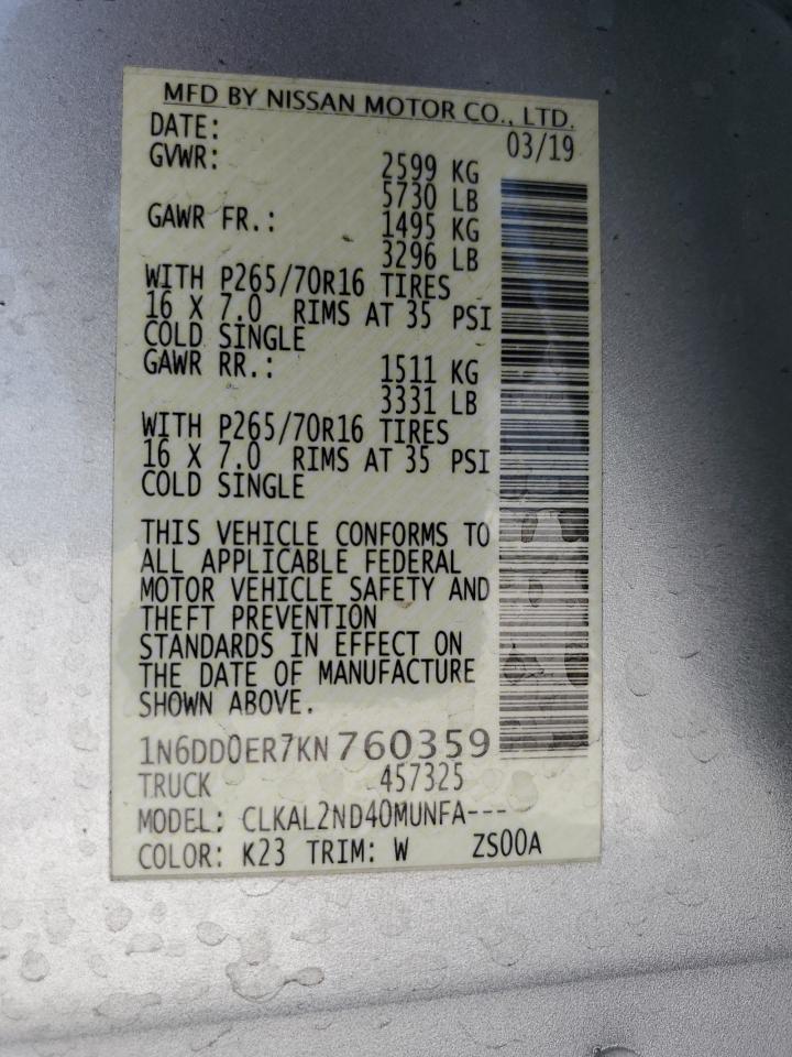 2019 Nissan Navara (Frontier) VIN 1N6DD0ER7KN760359 Copart auction photo, all over damage thumbnail 12