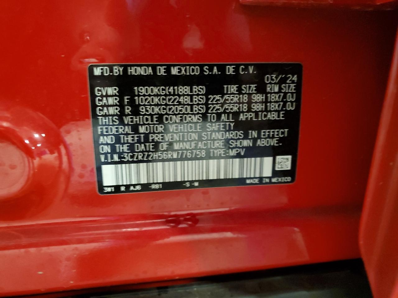 2024 Honda HR-V VIN 3CZRZ2H56RM776758 Copart auction photo, front end / side damage thumbnail 14