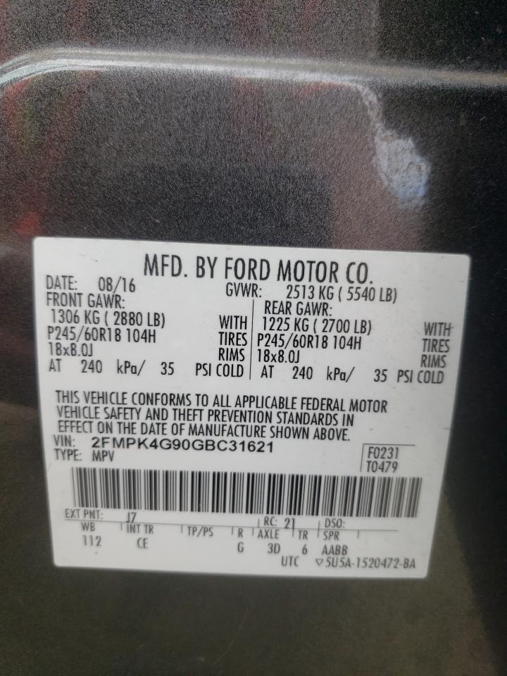2016 Ford Edge VIN 2FMPK4G90GBC31621 Copart auction photo, front end / minor dent/scratches damage thumbnail 14