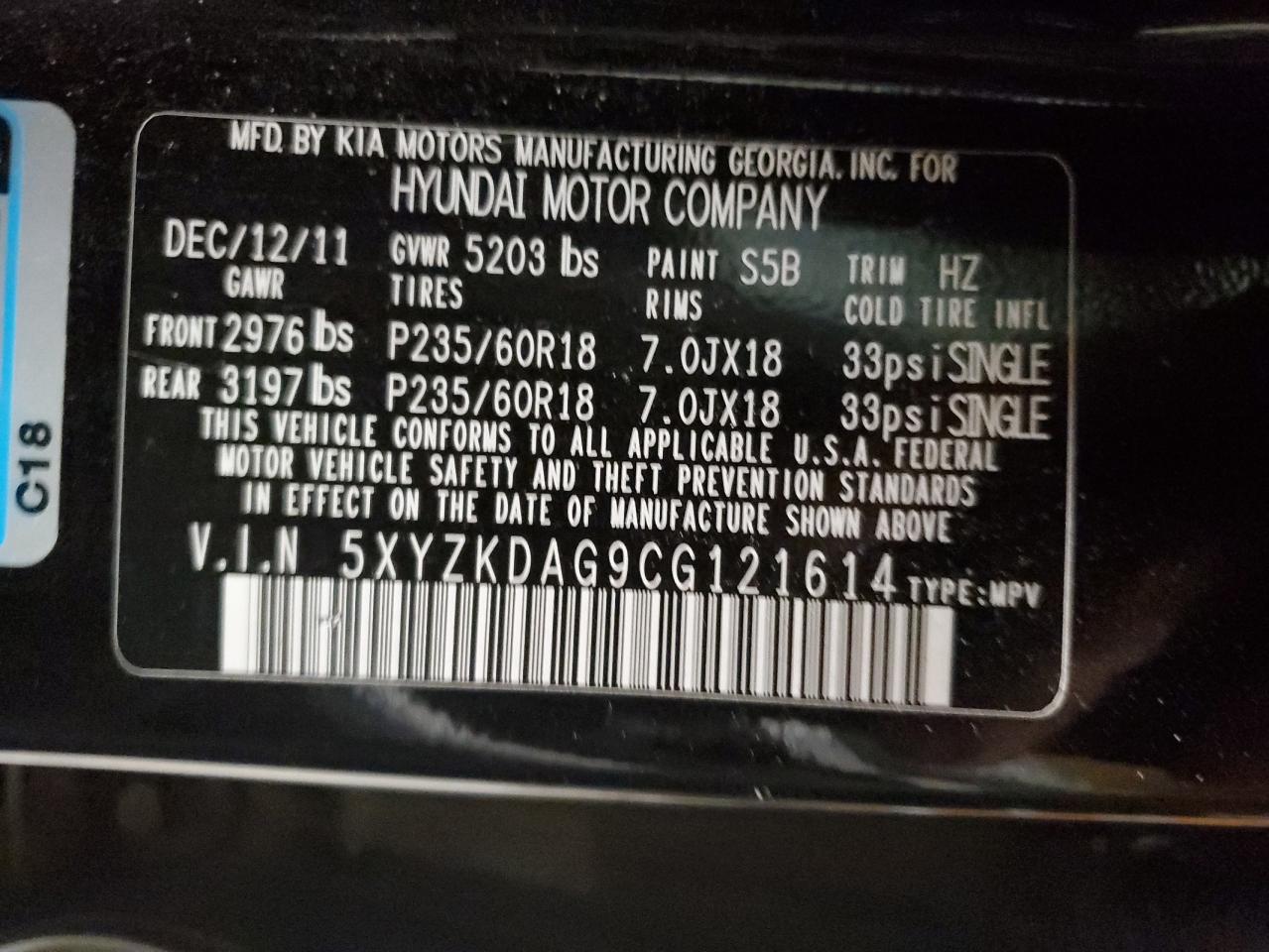 2012 Hyundai Santa Fe VIN 5XYZKDAG9CG121614 Copart auction photo, front end damage thumbnail 13