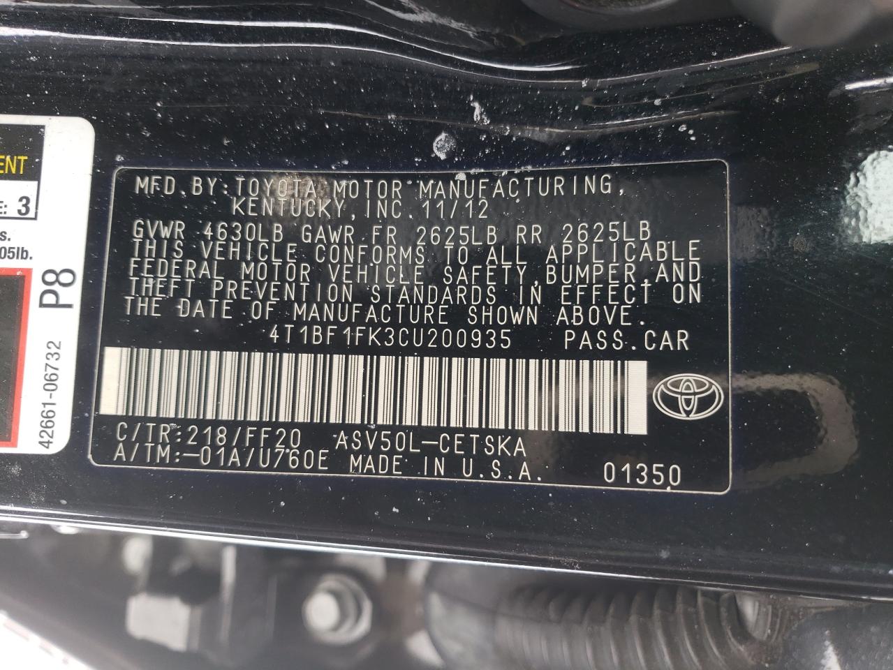 2012 Toyota Camry VIN 4T1BF1FK3CU200935 Copart auction photo, front end / rear end damage thumbnail 13