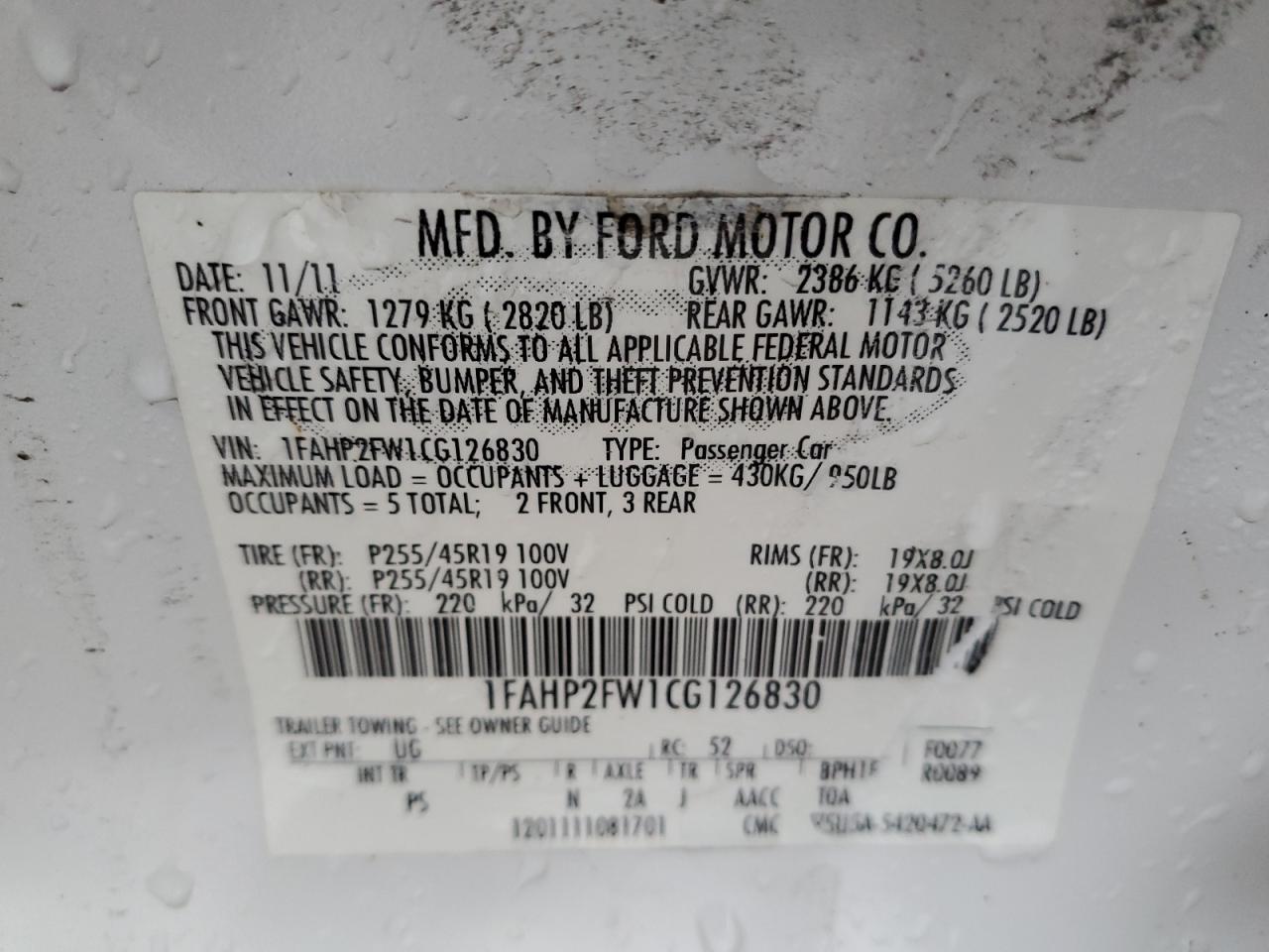 2012 Ford Taurus VIN 1FAHP2FW1CG126830 Copart auction photo, side damage thumbnail 12