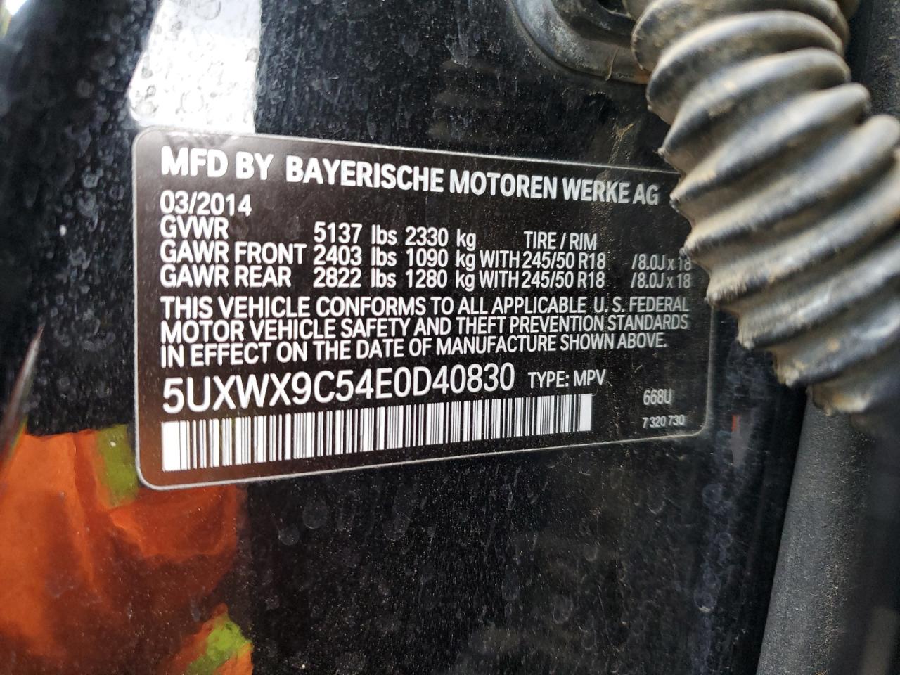 2014 BMW X3 VIN 5UXWX9C54E0D40830 Copart auction photo, minor dent/scratches damage thumbnail 12