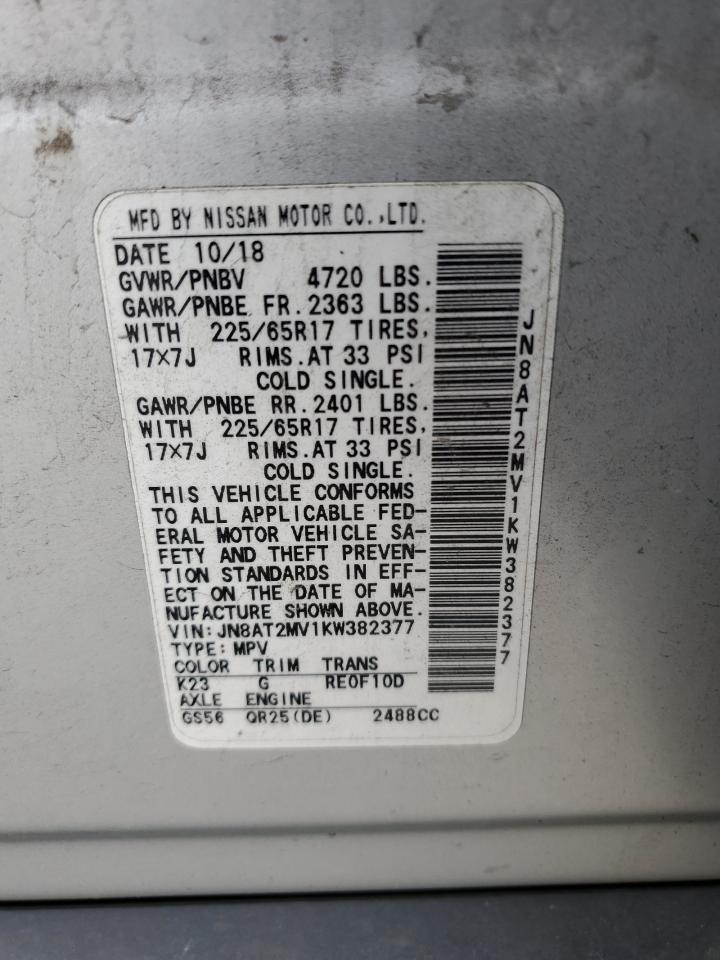 2019 Nissan Rogue VIN JN8AT2MV1KW382377 Copart auction photo, front end / minor dent/scratches damage thumbnail 16