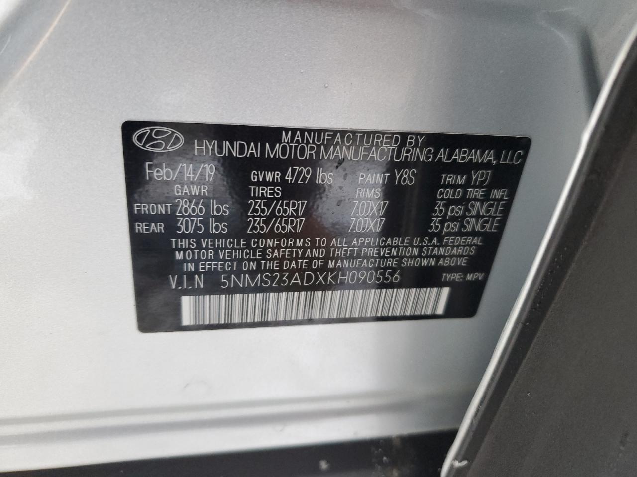 2019 Hyundai Santa Fe VIN 5NMS23ADXKH090556 Copart auction photo, undercarriage damage thumbnail 13