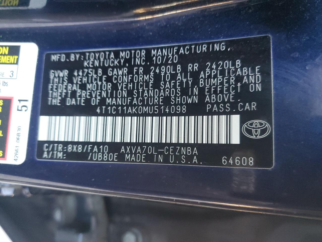 2021 Toyota Camry VIN 4T1C11AK0MU514098 Copart auction photo, side / minor dent/scratches damage thumbnail 14
