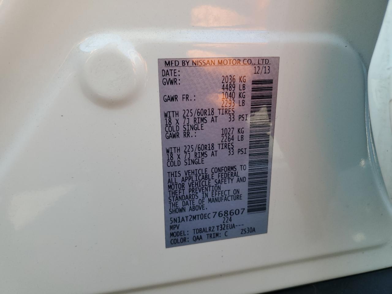2014 Nissan Rogue VIN 5N1AT2MT0EC768607 Copart auction photo, rear end damage thumbnail 12