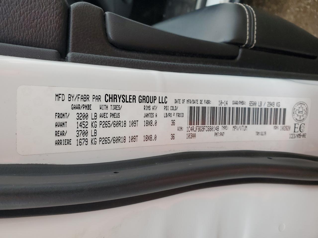2015 Jeep Grand Cherokee VIN 1C4RJFBG9FC680148 Copart auction photo, rear end / undercarriage damage thumbnail 13