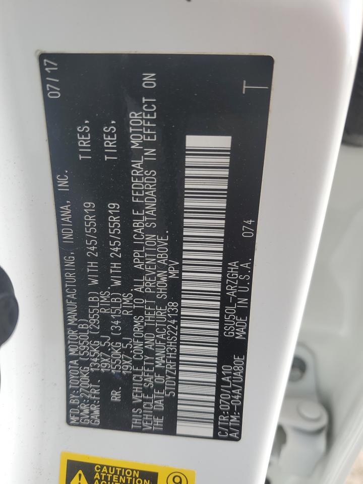 2017 Toyota Highlander VIN 5TDYZRFH3HS224138 Copart auction photo, front end / side damage thumbnail 16