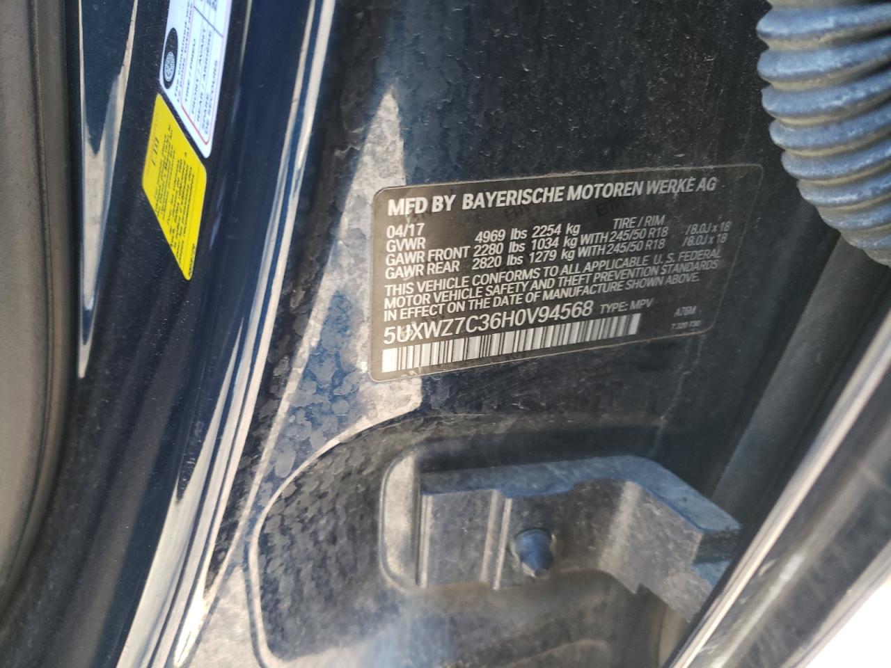 2017 BMW X3 VIN 5UXWZ7C36H0V94568 Copart auction photo, front end / side damage thumbnail 14