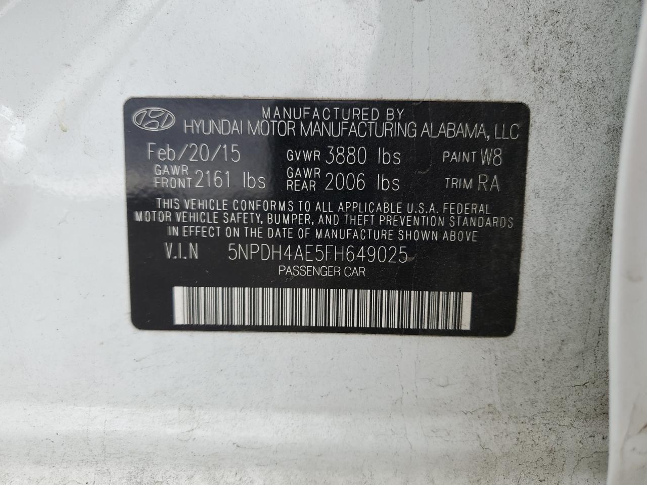 2015 Hyundai Elantra VIN 5NPDH4AE5FH649025 Copart auction photo, front end damage thumbnail 15