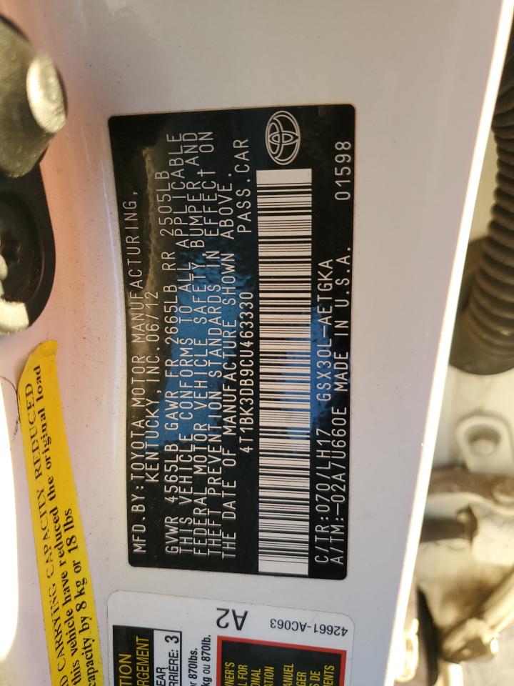 2012 Toyota Avalon VIN 4T1BK3DB9CU463330 Copart auction photo, front end damage thumbnail 14