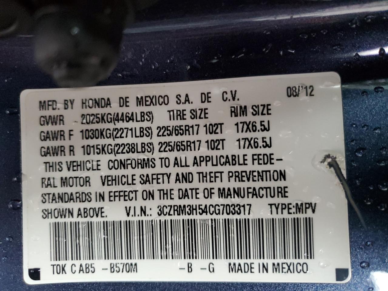 2012 Honda CR-V VIN 3CZRM3H54CG703317 Copart auction photo, rear end damage thumbnail 13