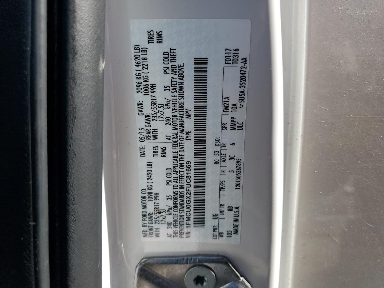 2015 Ford Escape VIN 1FMCU0GX2FUC81669 Copart auction photo, front end damage thumbnail 13