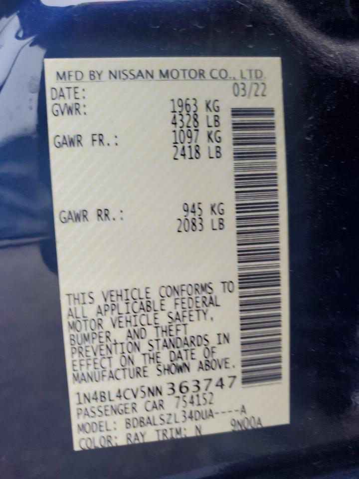 2022 Nissan Altima VIN 1N4BL4CV5NN363747 Copart auction photo, rear end / side damage thumbnail 12