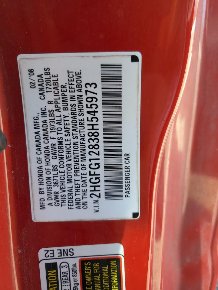 2008 Honda Civic VIN 2HGFG12838H545973 Copart auction photo, front end / minor dent/scratches damage thumbnail 12