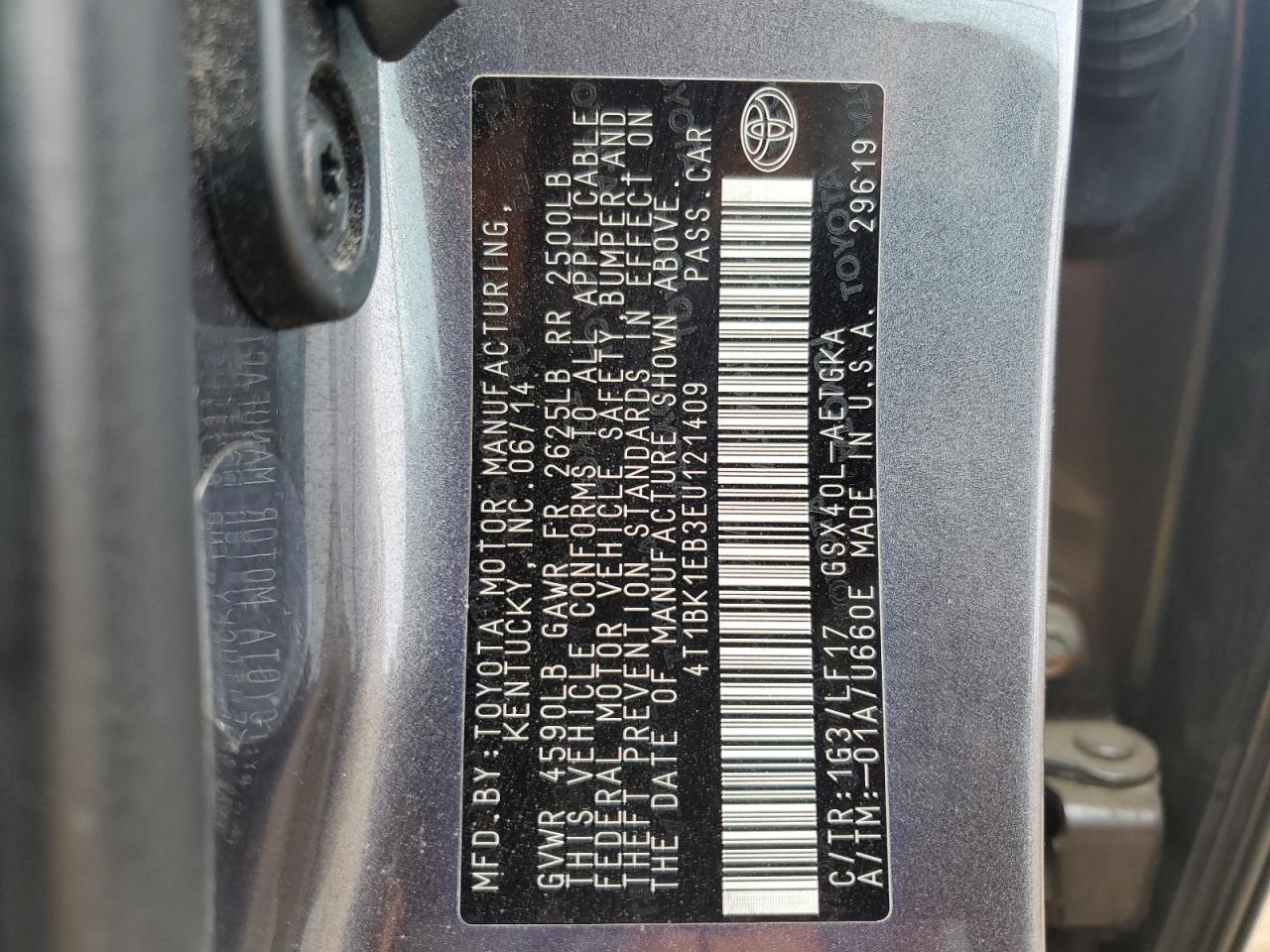 2014 Toyota Avalon VIN 4T1BK1EB3EU121409 Copart auction photo, side / all over damage thumbnail 14