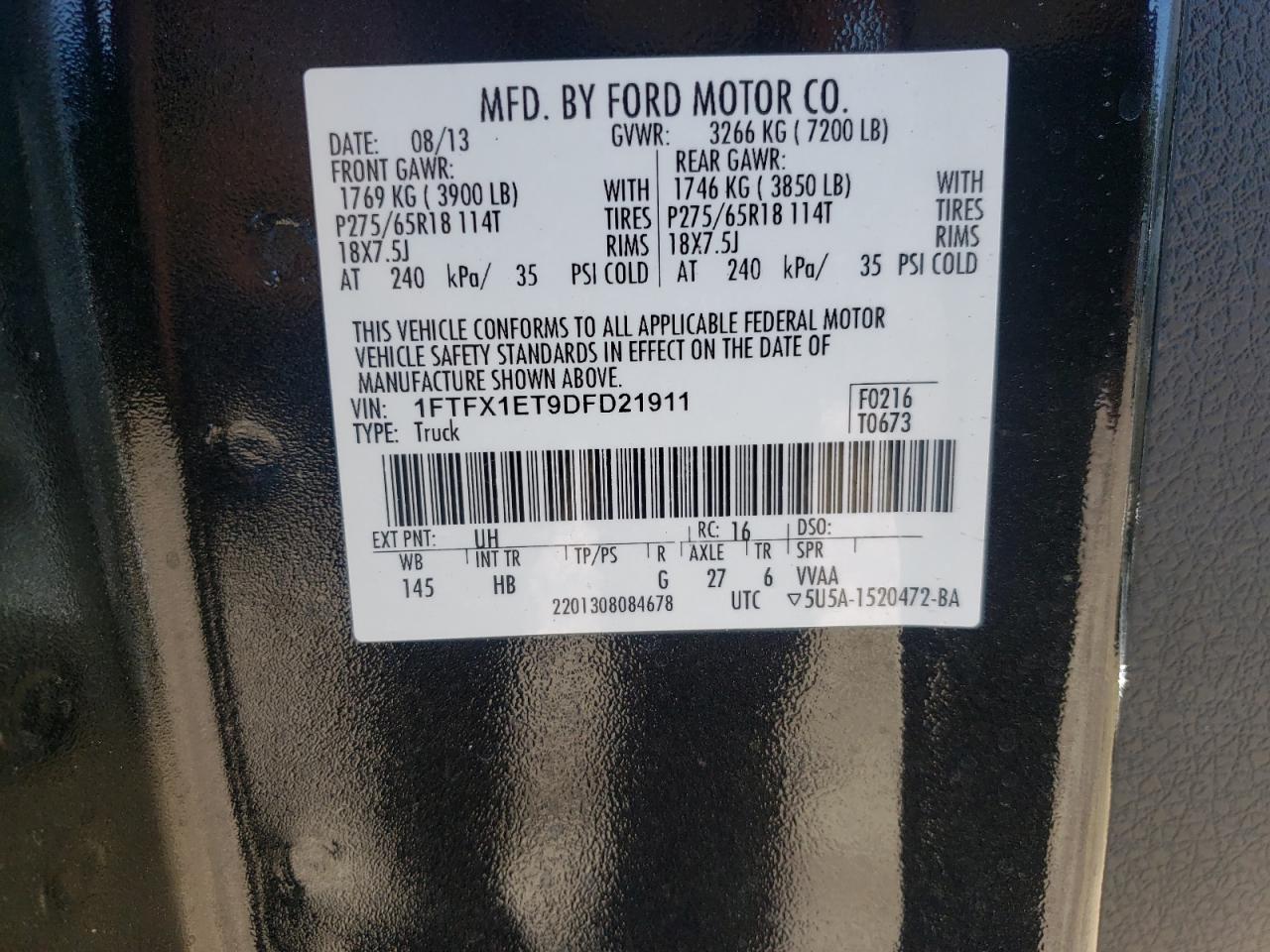 2013 Ford F-150 VIN 1FTFX1ET9DFD21911 Copart auction photo, front end damage thumbnail 12