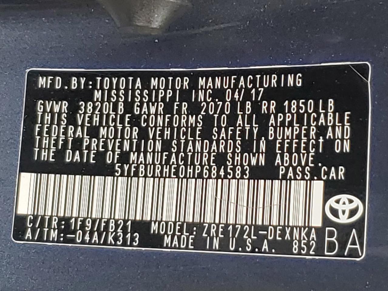 2017 Toyota Corolla VIN 5YFBURHE0HP684583 Copart auction photo, all over damage thumbnail 15