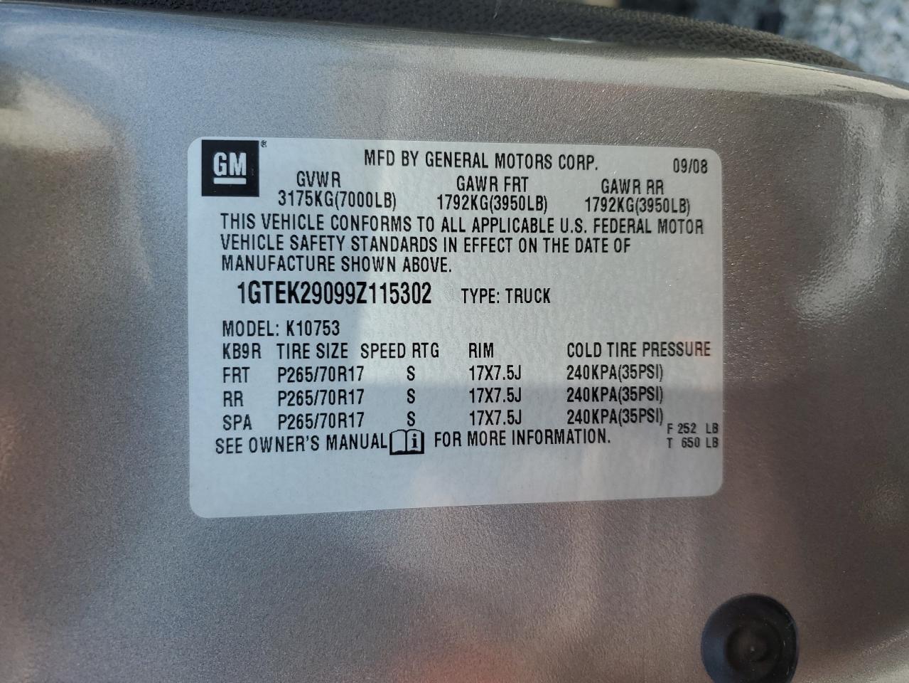 2009 GMC Sierra VIN 1GTEK29099Z115302 Copart auction photo, all over / mechanical damage thumbnail 14