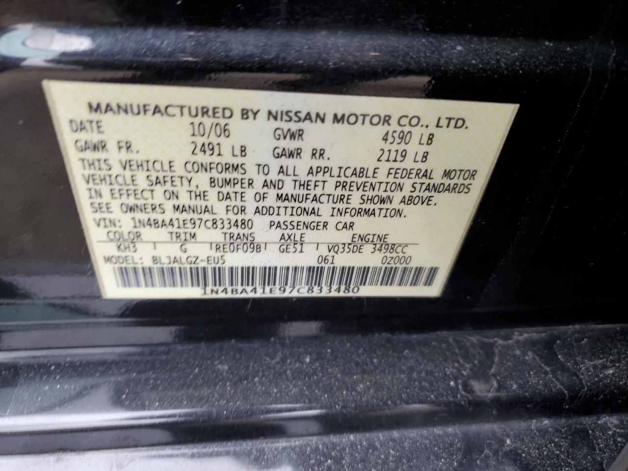 2007 Nissan Maxima VIN 1N4BA41E97C833480 Copart auction photo, side / rear end damage thumbnail 12