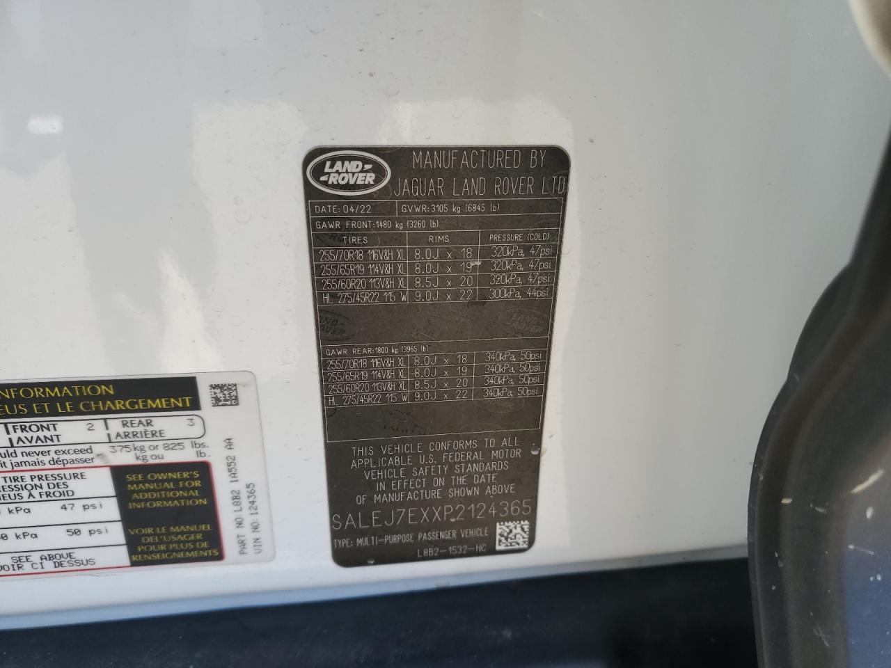 2023 Land Rover Defender VIN SALEJ7EXXP2124365 Copart auction photo, rear end damage thumbnail 13