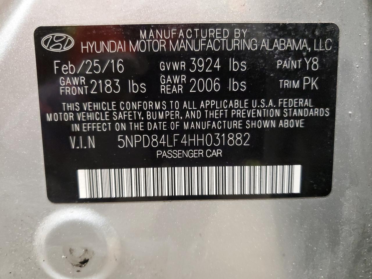 2017 Hyundai Elantra VIN 5NPD84LF4HH031882 Copart auction photo, rear end / side damage thumbnail 12
