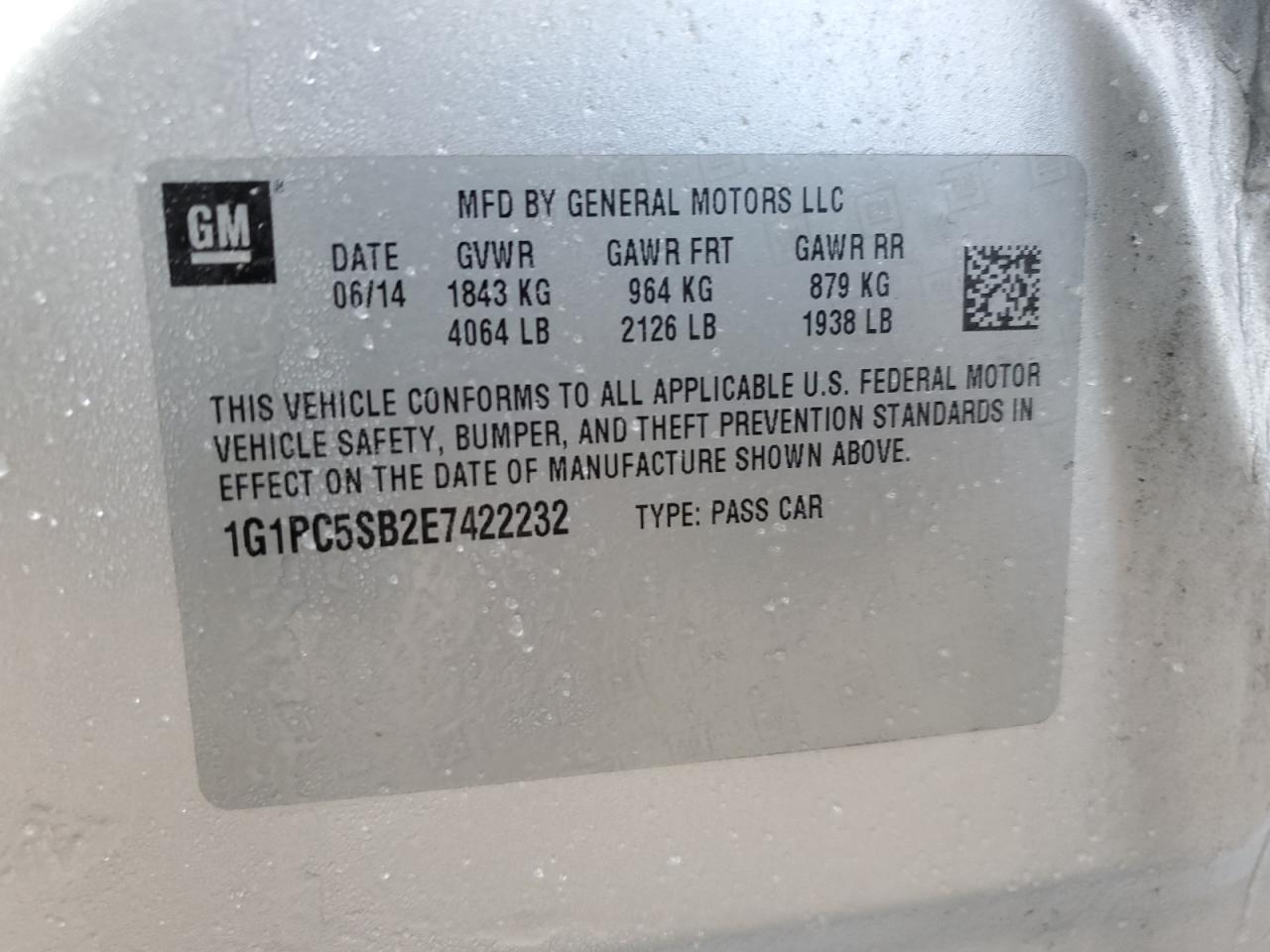2014 Chevrolet Cruze VIN 1G1PC5SB2E7422232 Copart auction photo, front end damage thumbnail 12