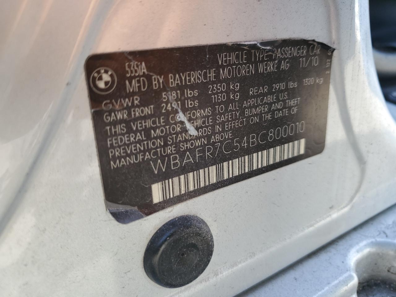 2011 BMW 5er VIN WBAFR7C54BC800010 Copart auction photo, front end damage thumbnail 14